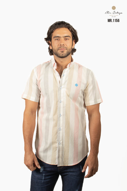 CAMISA RAYAS HUESO / GRIS Y ROSA PASTEL