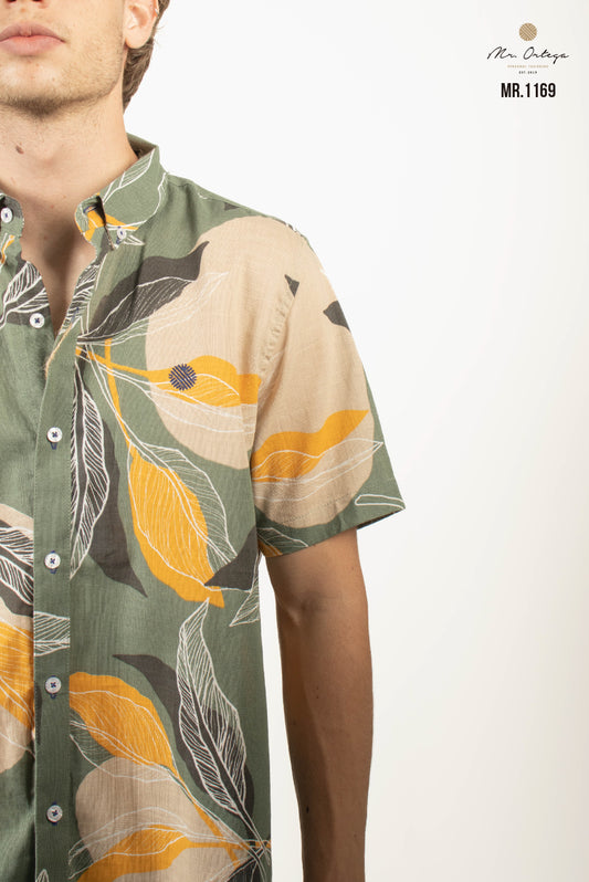 CAMISA VERDE OPACO FLORES BEIGE