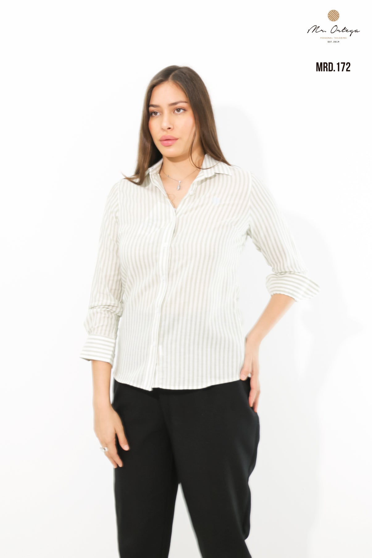 CAMISA DAMA LÍNEAS VERDE PASTEL Y BEIGE